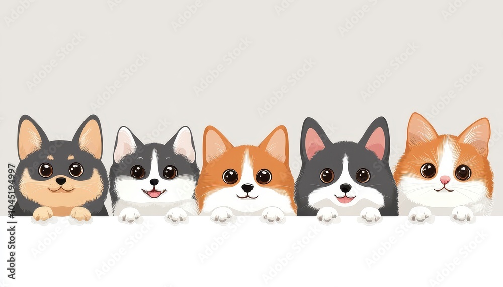 Dogs and cats playfully hanging paws over a white surface in a cozy setting Dogs and cats playfully hanging paws over a white surface in a cozy setting