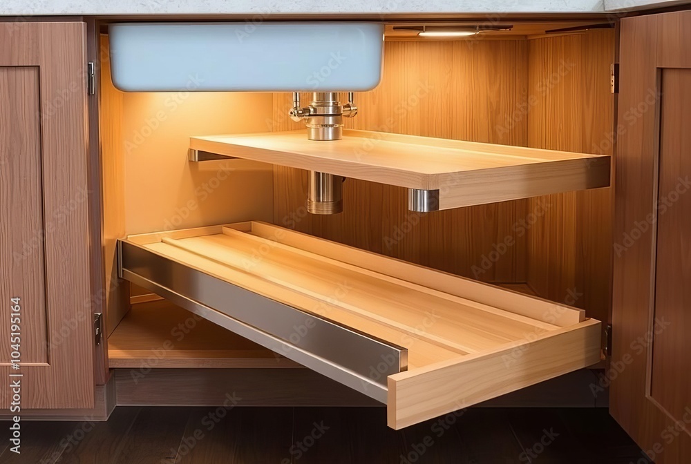 Under Sink Storage A close up of under sink storage with pull ou Under Sink Storage A close up of under sink storage with pull ou