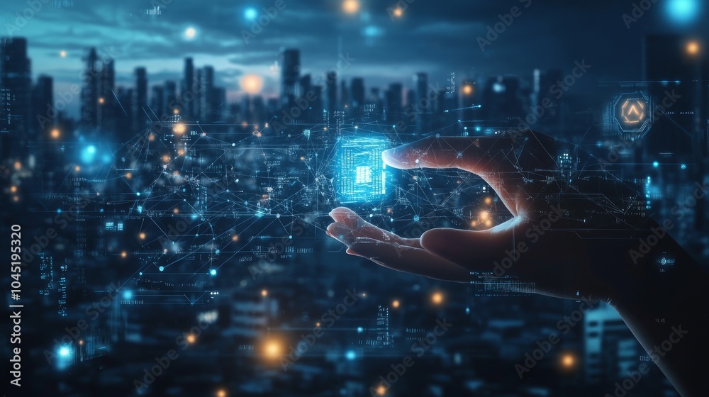 A hand hovers over a glowing blue cube in the center of a network of glowing dots and lines, representing the digital world.