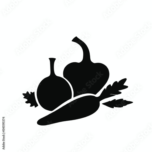 A black silhouette of various vegetables including an apple, carrot, and other produce items