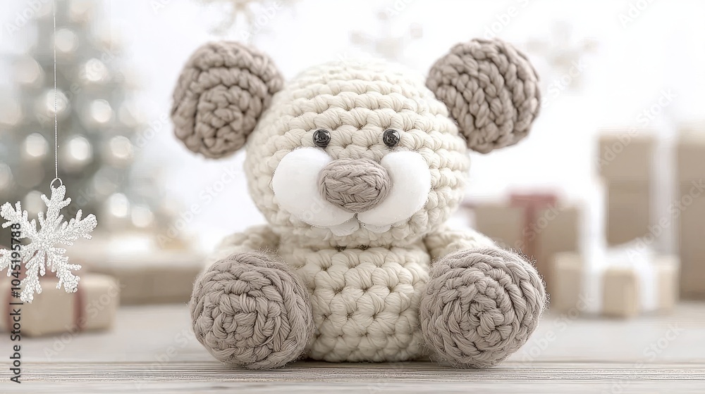 A white crochet teddy bear sitting on a white wooden table with a Christmas tree, ornaments, and presents in the background. A white crochet teddy bear sitting on a white wooden table with a Christmas tree, ornaments, and presents in the background.