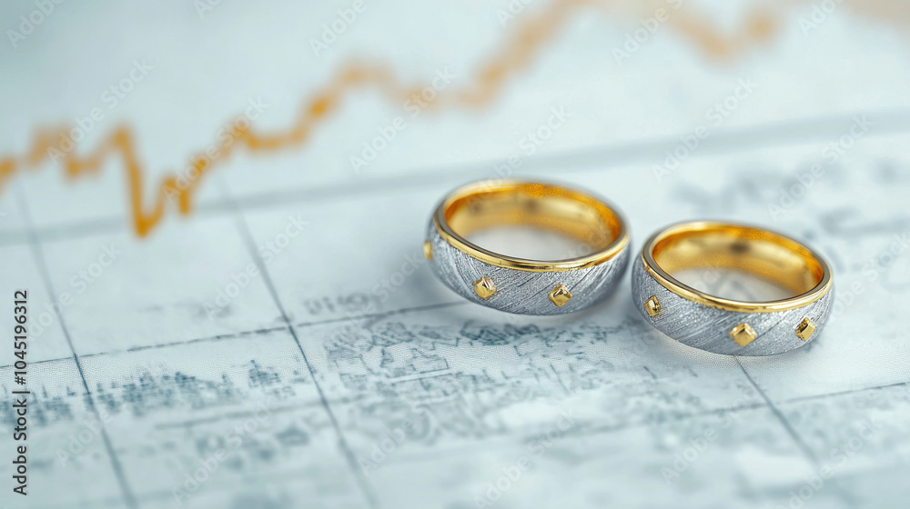 Elegant silver and gold rings displayed on financial chart, symbolizing wealth and commitment. rings intricate design contrasts beautifully with graphs upward trend Elegant silver and gold rings displayed on financial chart, symbolizing wealth and commitment. rings intricate design contrasts beautifully with graphs upward trend