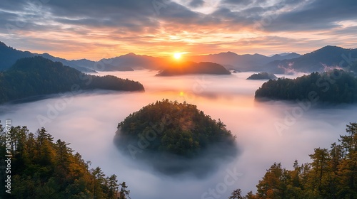 Breathtaking sunrise over misty islands a serene landscape captured in nature's embrace