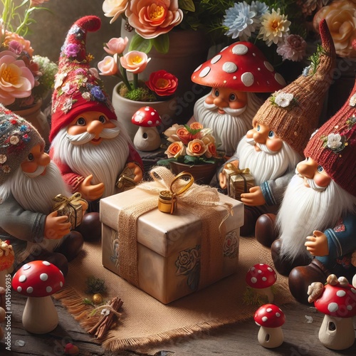 Gnome Gathering Garden gnomes decorate with mushrooms and flower