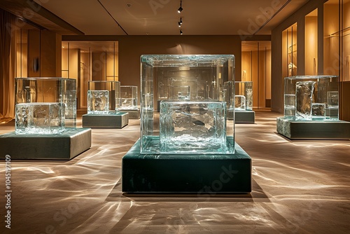 Contemporary ice sculpture exhibition with abstract lighting in modern gallery space photo