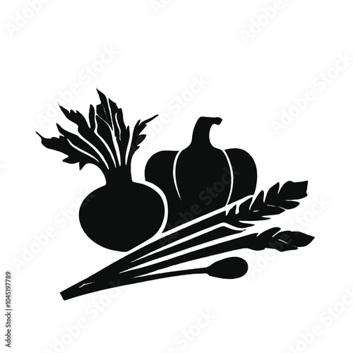 A black silhouette of various vegetables including an apple, carrot, and other produce items