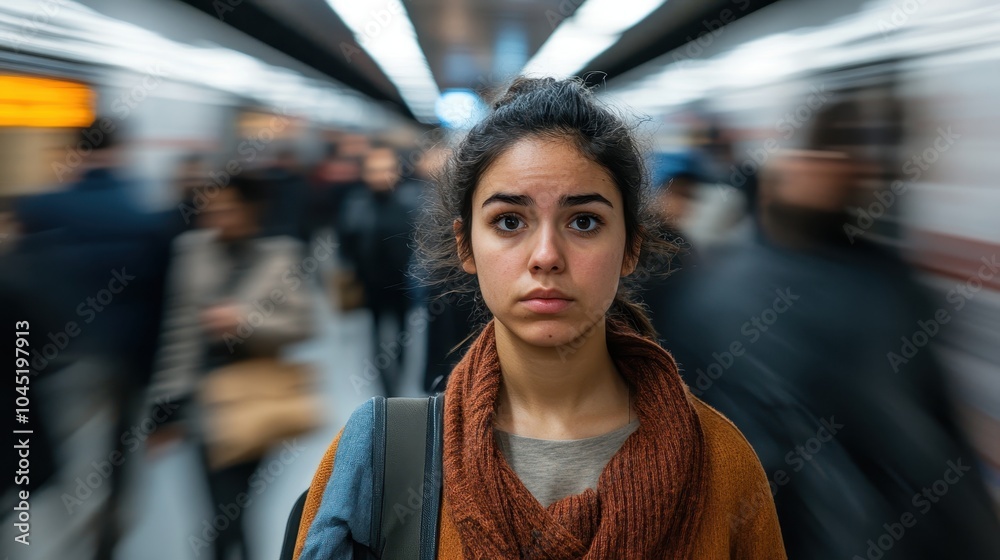 Woman in Busy Train Station Surrounded by Movement Woman in Busy Train Station Surrounded by Movement