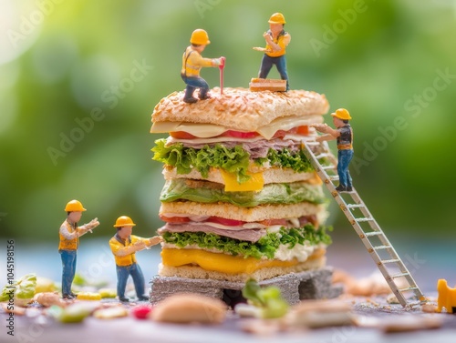Tiny construction workers assembling a towering sandwich creation - miniature food art concept