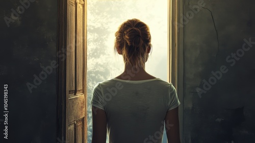 Woman Standing Before an Open Door in Natural Light