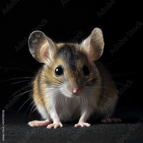 photo of a white footed deer mouse from the front side, black background
 photo