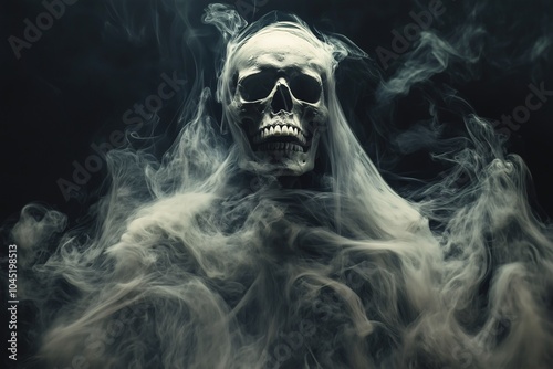 A skull emerges from a swirling cloud of smoke, creating an eerie and ghostly image.