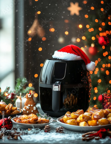 A large, matte black air fryer wearing a tilted Santa hat, centered on the cover. Around it, a few Christmas holiday dishes