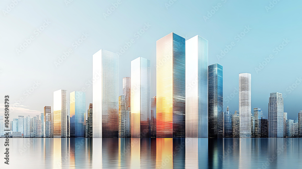 Modern city business centre at sunset, office and residential area by the water Modern city business centre at sunset, office and residential area by the water