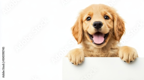 A cute, smiling puppy perched on top of a blank white board, paws hanging over the edge, against a clean white background. Perfect for adding text or design.