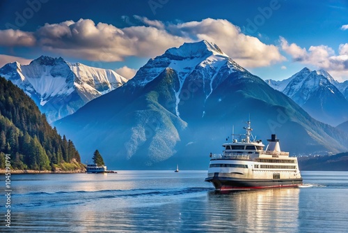 Ferry boat on Howe Sound with snow capped mountains in background photo