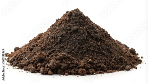 Fertile soil mound on white background for gardening, rich in minerals and balanced pH, panoramic