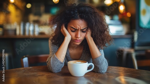 Woman at Coffee Shop Table with Pensive Expression