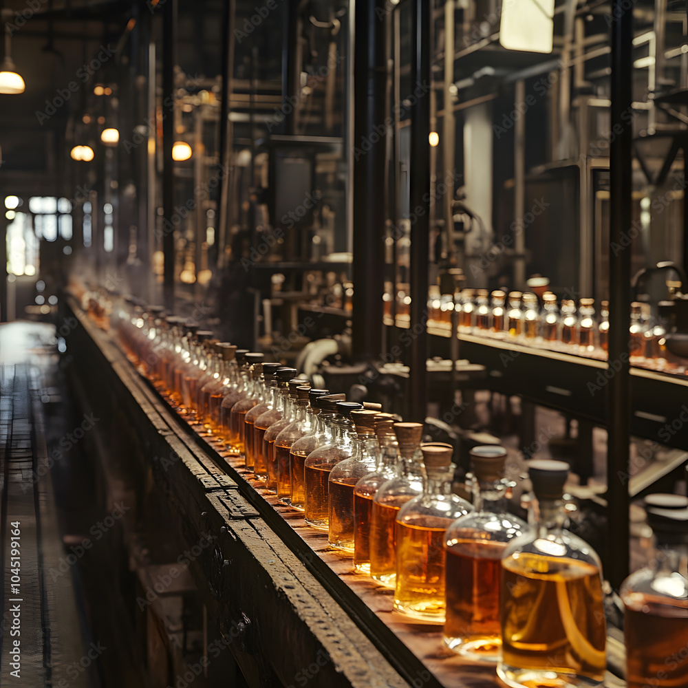 Interior of a perfume factory, 19th century steam-powered perfumery, perfume bottles on a production line, at the time of the industrial revolution Interior of a perfume factory, 19th century steam-powered perfumery, perfume bottles on a production line, at the time of the industrial revolution
