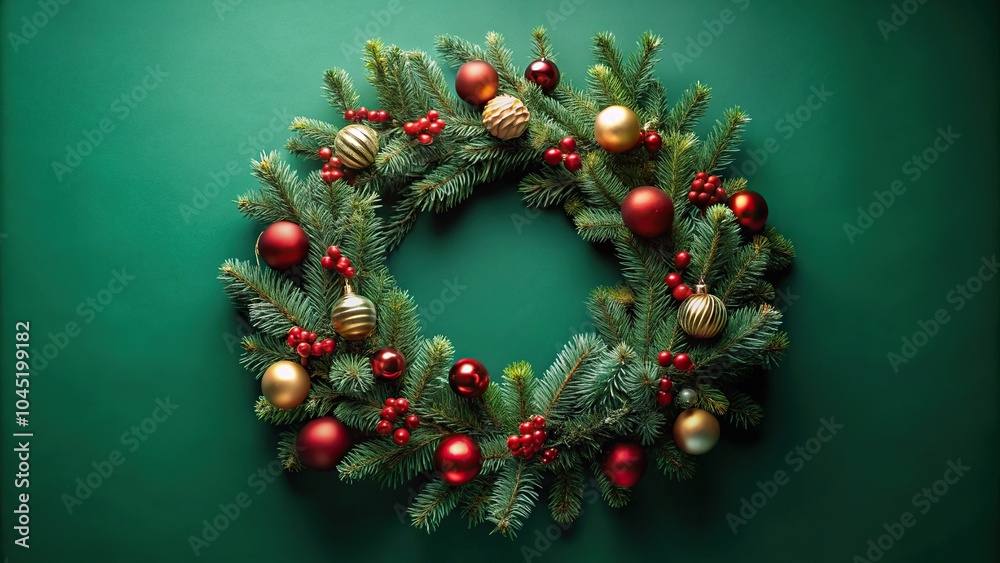 Festive aerial view of Christmas fir wreath with decorations on green background Festive aerial view of Christmas fir wreath with decorations on green background