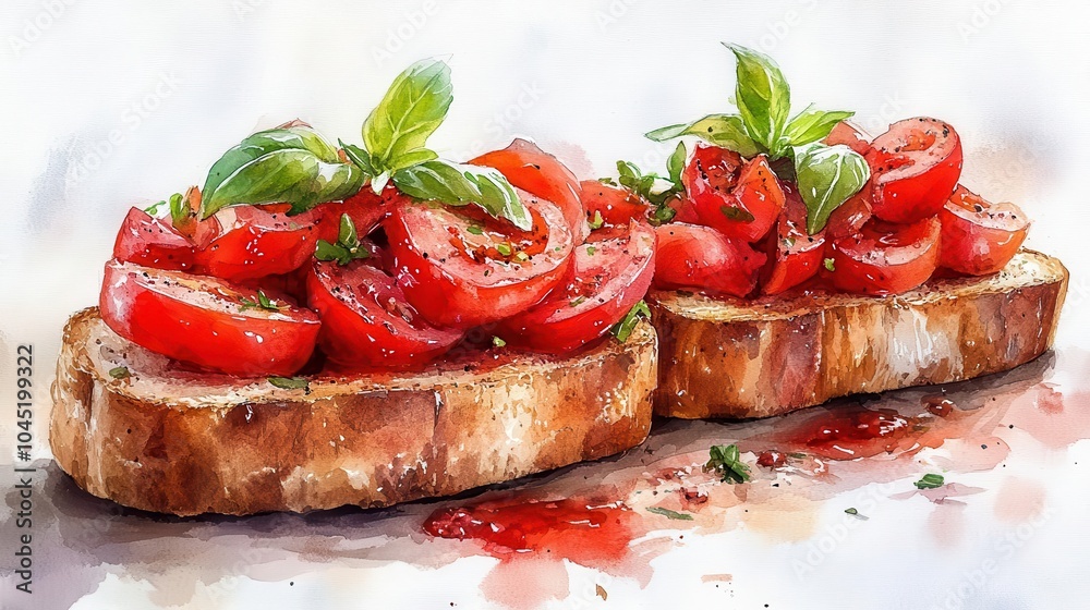 watercolor illustration of vibrant tomato bruschetta, depicting fresh ingredients beautifully arranged on rustic toast, with a splash of color that invites the viewer to savor the culinary delight watercolor illustration of vibrant tomato bruschetta, depicting fresh ingredients beautifully arranged on rustic toast, with a splash of color that invites the viewer to savor the culinary delight