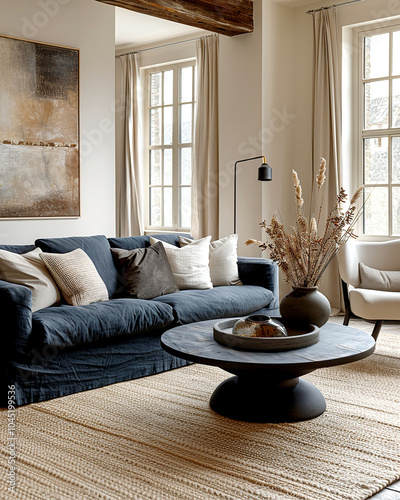 Scandinavian home interior design of modern living room. Stylish room with a dark blue sofa, neutral pillows, and modern decor creating a cozy and elegant atmosphere.