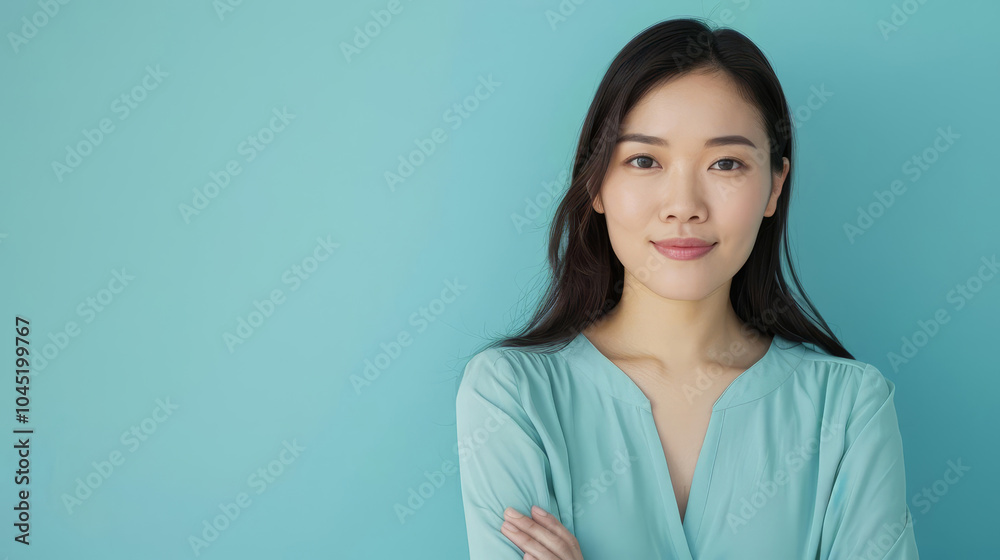 Asian woman presenting with a light blue background, capturing her beauty, confidence, and elegance in the portrait with copy space Asian woman presenting with a light blue background, capturing her beauty, confidence, and elegance in the portrait with copy space