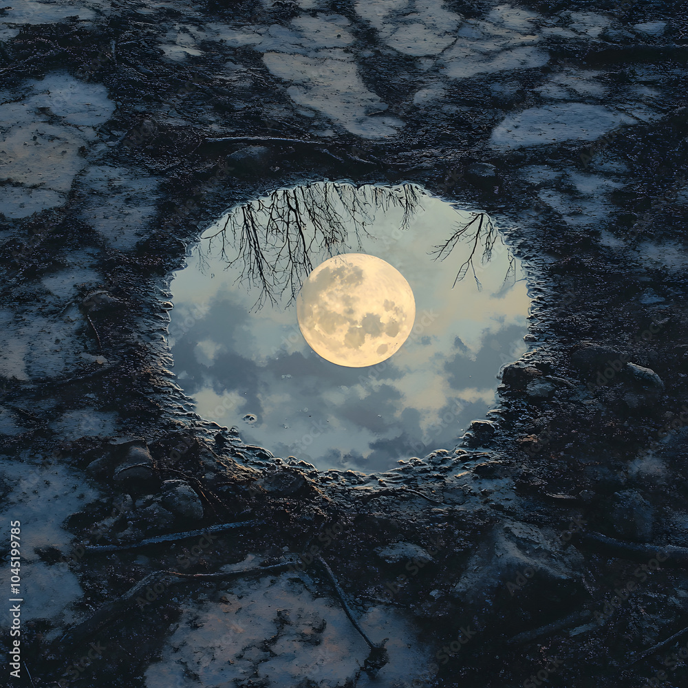 Fototapeta premium moon in reflection of puddle realistic on the damaged asphalt 