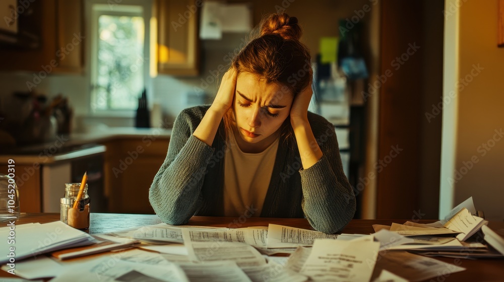 Woman Sitting at Kitchen Table in Stressful Situation