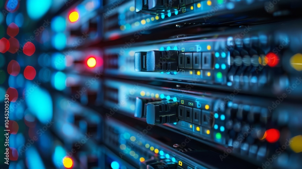 Close-up of a server rack with glowing lights and network cables. Close-up of a server rack with glowing lights and network cables.