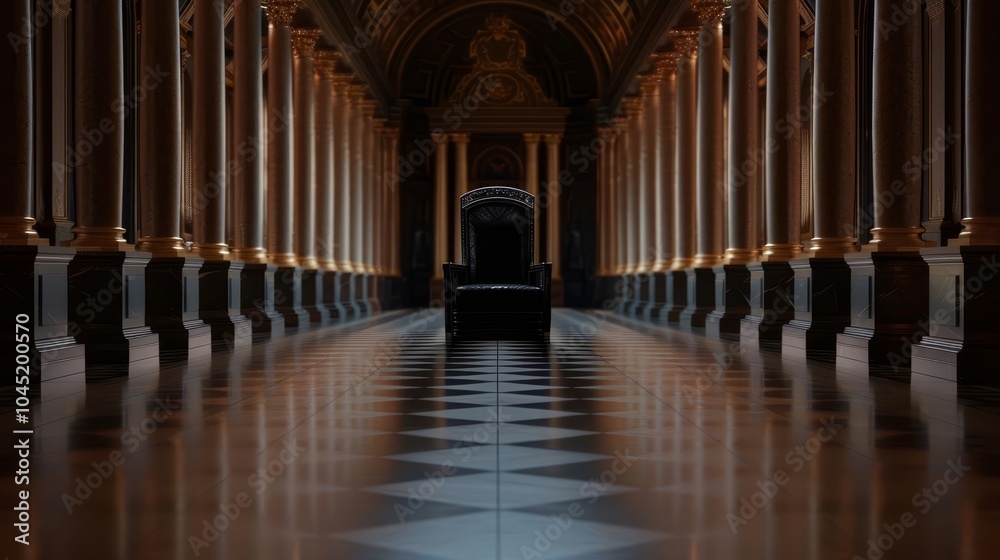 Obraz premium Long, grand hallway with rows of columns and a checkered floor.