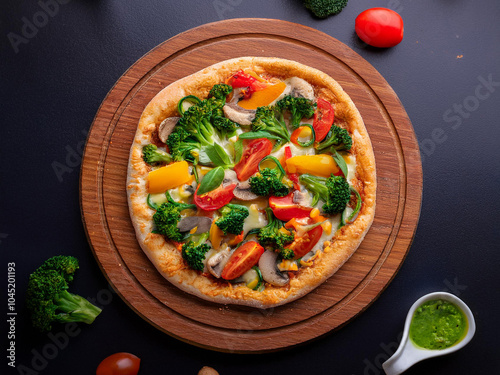 Wallpaper Mural A vegan pizza on a wooden board, topped with bell peppers, mushrooms, spinach, and cherry tomatoes, drizzled with cheese sauce ai. Torontodigital.ca