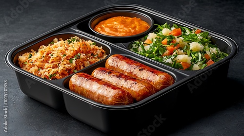 Delicious meal prep a balanced plate featuring grilled sausages flavorful rice fresh salad and creamy sauce for healthy eating photo