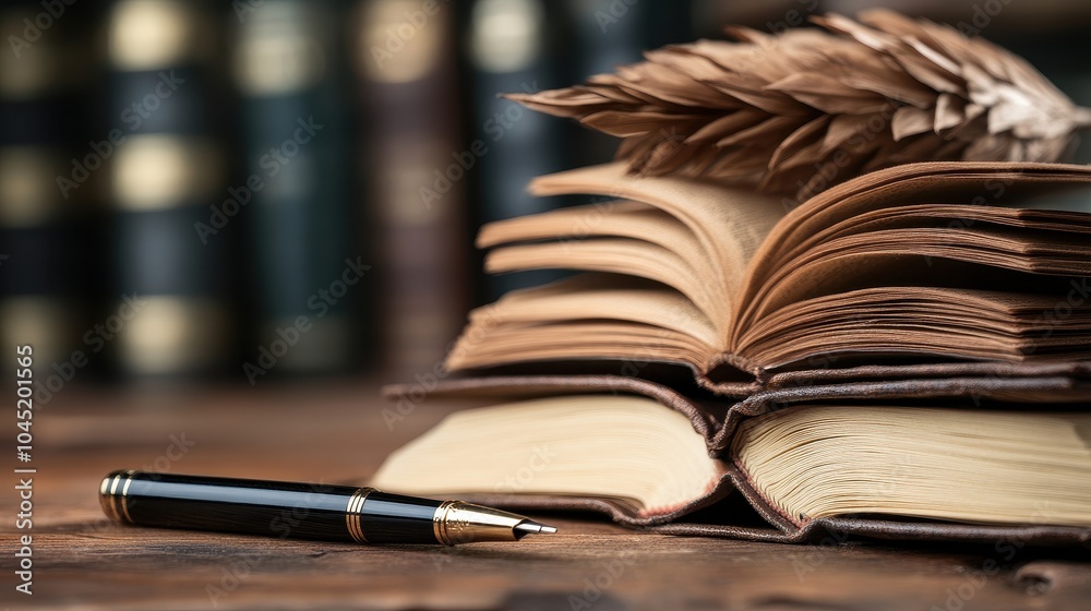 Fototapeta premium Freshly opened book with a pen beside it, symbolizing the start of a new story