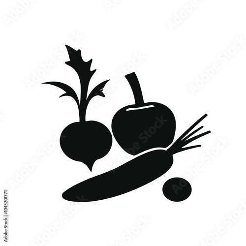 A black silhouette of various vegetables including an apple, carrot, and other produce items