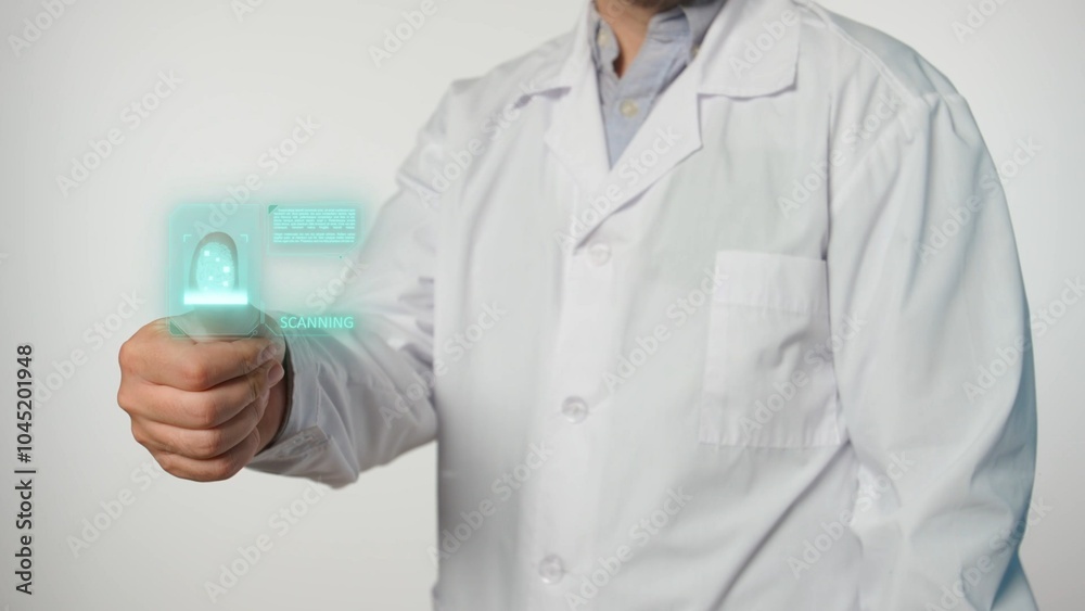 Man doctor in white coat touches glass screen panel with thumb, holographic scanner scanning fingerprint checking identification. Man doctor in white coat touches glass screen panel with thumb, holographic scanner scanning fingerprint checking identification.