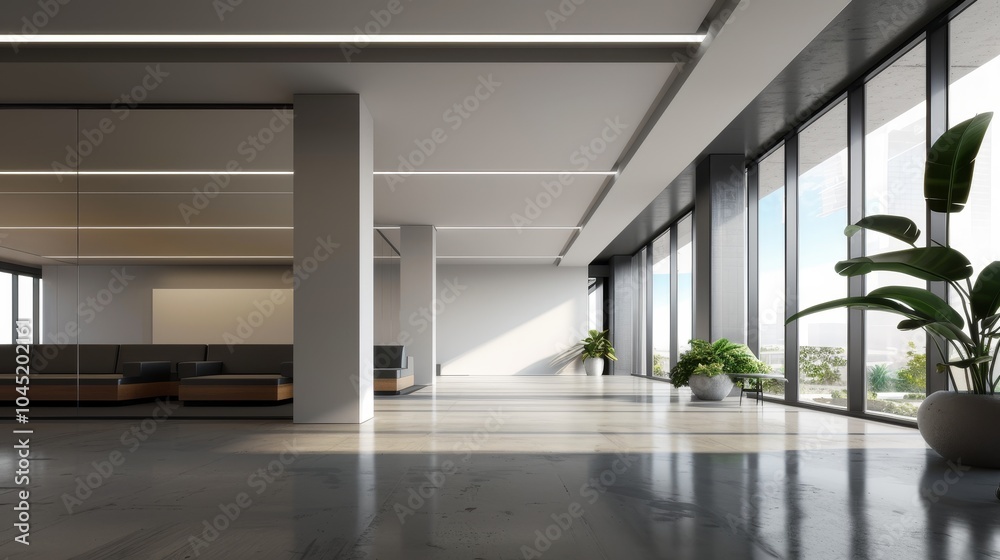 Modern office lobby with large windows, polished concrete floor, and natural light. Modern office lobby with large windows, polished concrete floor, and natural light.