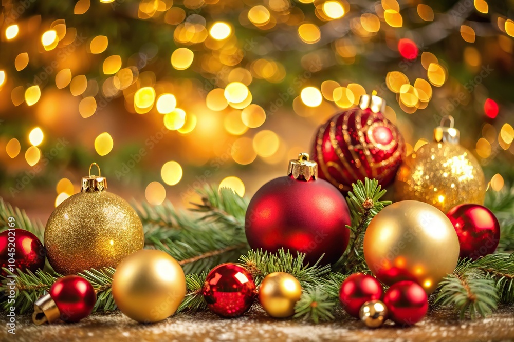 Festive Christmas decorations with golden and red ornaments, bokeh lights, Christmas tree, and depth of field Festive Christmas decorations with golden and red ornaments, bokeh lights, Christmas tree, and depth of field