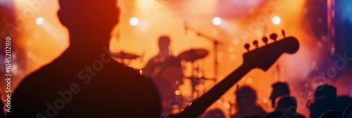 Silhouette of a guitarist on stage at a concert.
