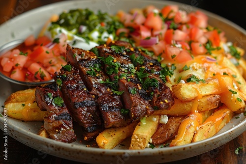 A plate of carne asada fries, with crispy French fries topped with grilled steak, melted cheese, guacamole, sour cream, and pico de gallo