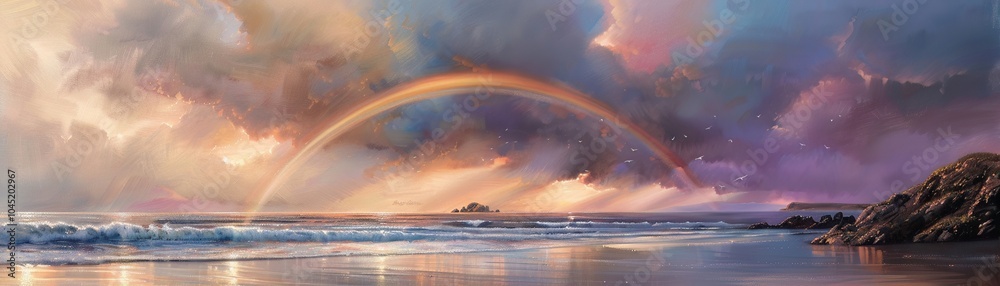 Rainbows curve touching the horizon, seascape under a symphony of light Rainbows curve touching the horizon, seascape under a symphony of light