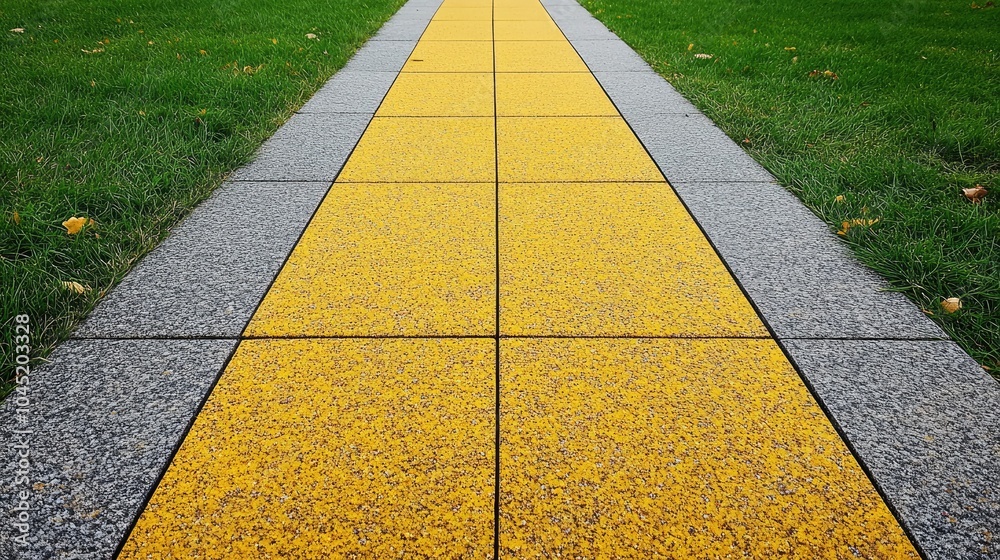 Obraz premium Yellow Rectangular Sidewalk Tiles in a Park Setting
