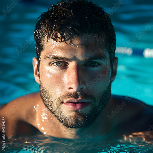 hunky muscly rugby player Caucasian man, emerging from swimming pool, wide shot photo