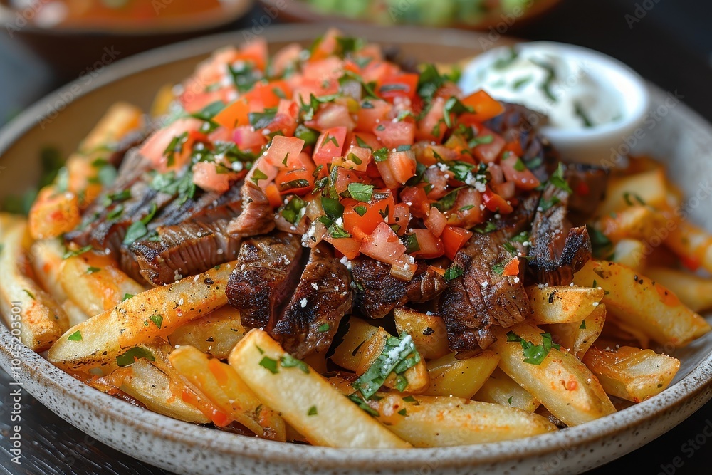 A plate of carne asada fries, with crispy French fries topped with grilled steak, melted cheese, guacamole, sour cream, and pico de gallo