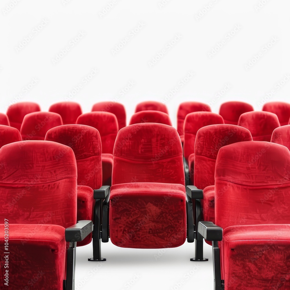 Obraz premium Rows of empty red theater seats against a white background.