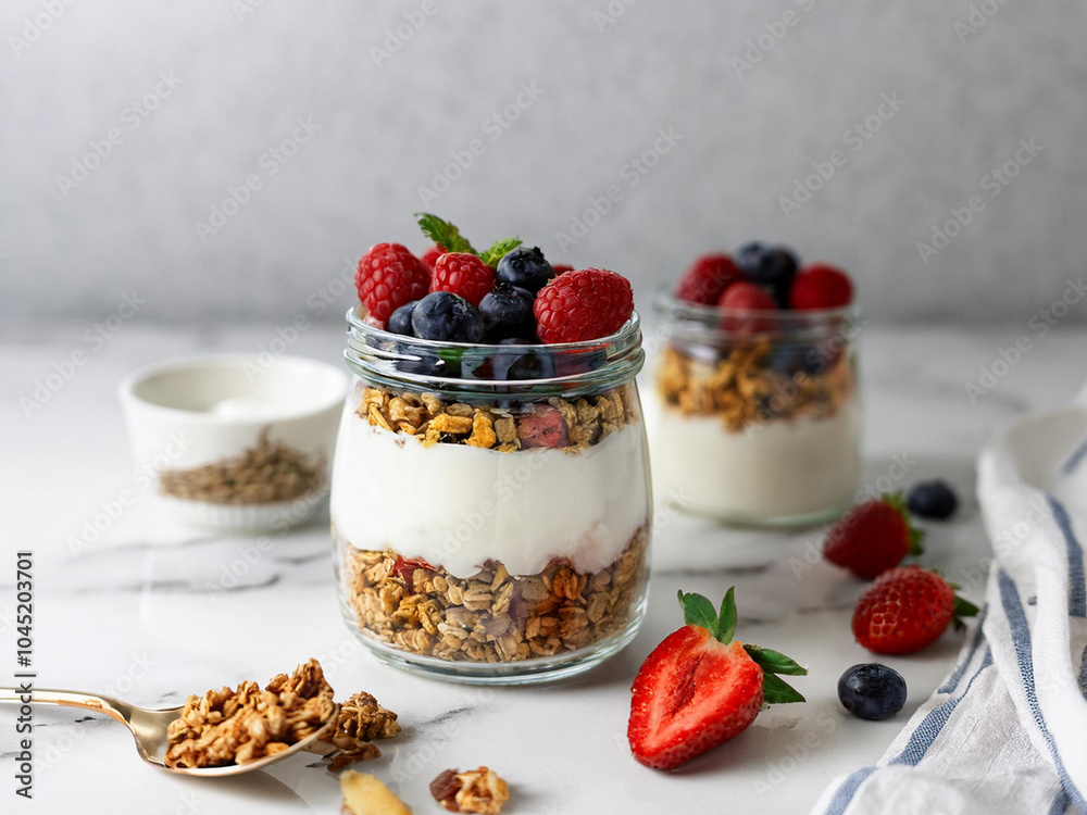 Clear glass jar filled with coconut yogurt, fresh berries, granola, and maple syrup, set on a minimalist marble surface ai. Clear glass jar filled with coconut yogurt, fresh berries, granola, and maple syrup, set on a minimalist marble surface ai.
