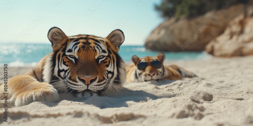Obraz premium Two happy tigers on a beach with a smile and wearing sunglasses