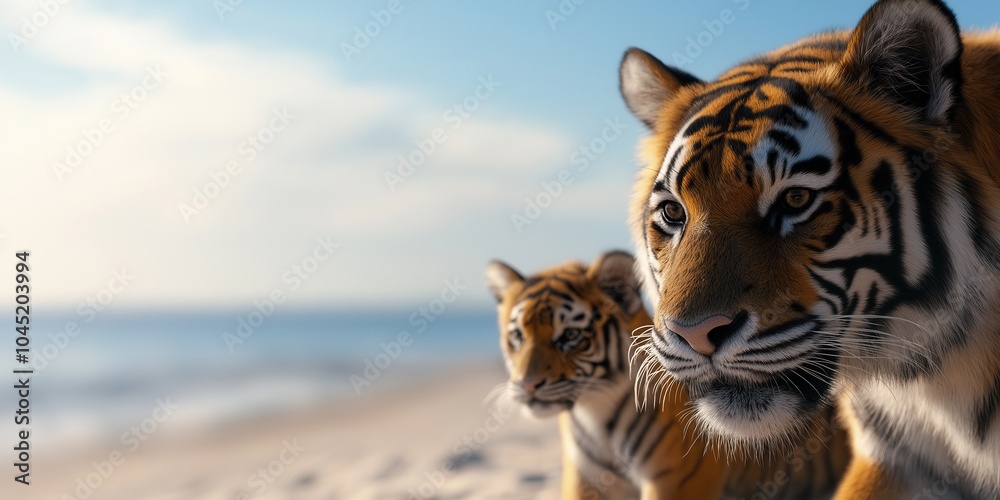 Obraz premium Two happy tigers on a beach with a smile and wearing sunglasses