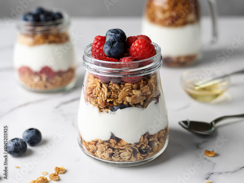 Clear glass jar filled with coconut yogurt, fresh berries, granola, and maple syrup, set on a minimalist marble surface ai.