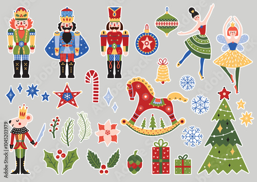 Christmas sticker set with Nutcracker, baljerina and festive symbols and design elements. Perfect for posters, postcard, invite, wall art, banner, card, cover. Transparent background.