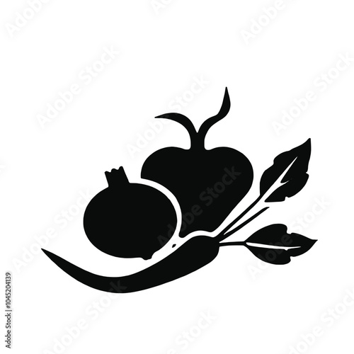 A black silhouette of various vegetables including an apple, carrot, and other produce items